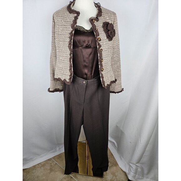 Anne Klein Tweed Blazer Jacket Size 8 Petite Brown Lace Trim Professional Office - Picture 9 of 13